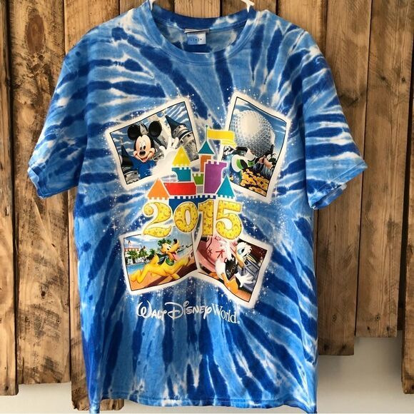 DISNEY‎ PARKS WALT DISNEY 2015 Blue Tie Dye T-shirt All 4 Parks Graphic Large - Picture 1 of 11